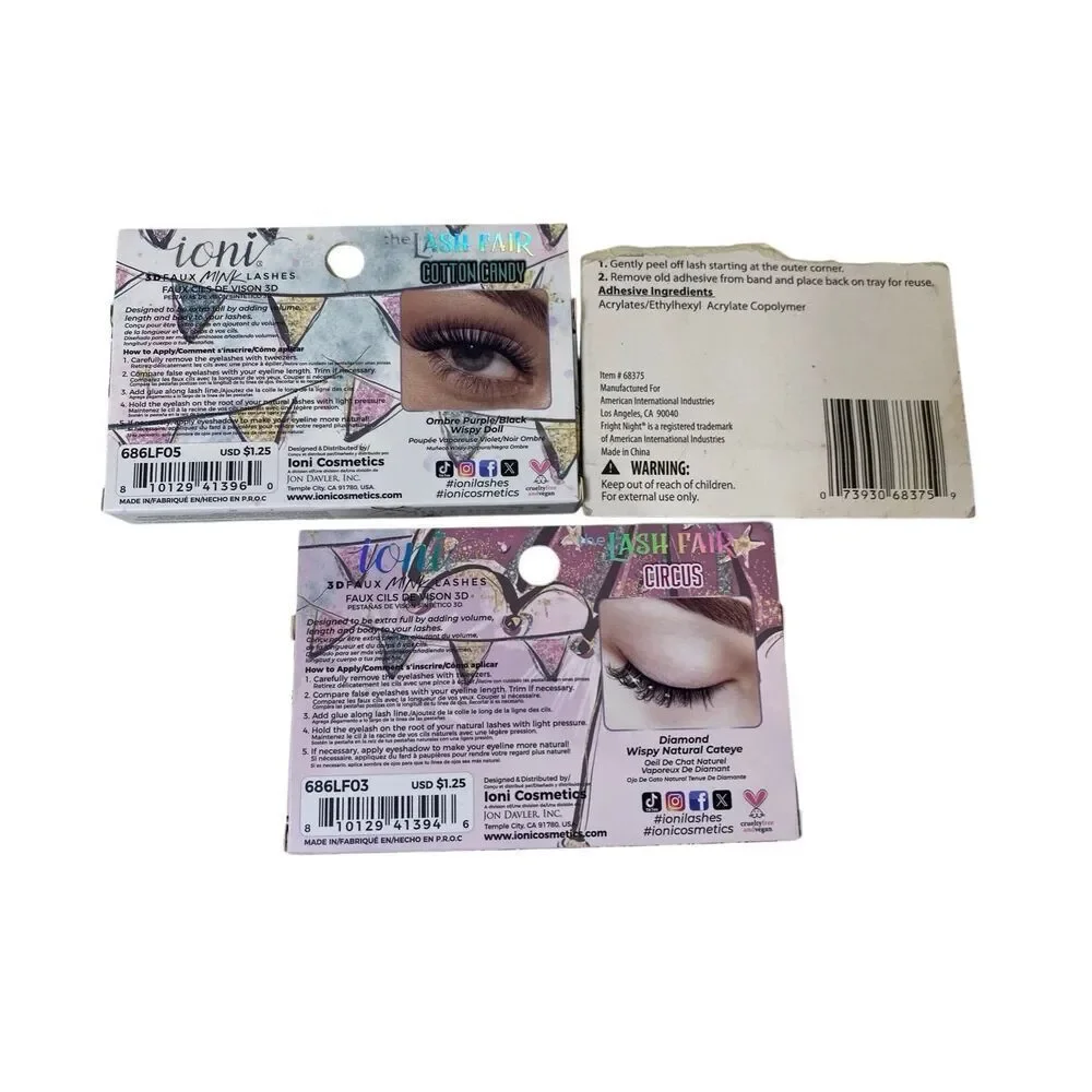 Lot Of 3 Ioni 3D Faux Mink Lashes Wispy Natural Cat Eye Cotton Candy Circus Set